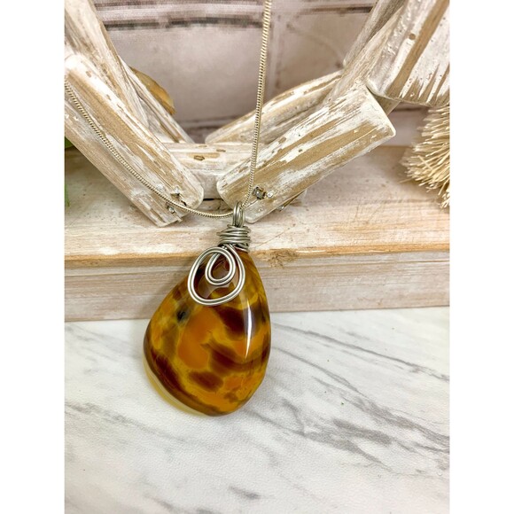 Wire Wrapped Striped Agate Teardrop Pendant Necklace - Picture 2 of 5